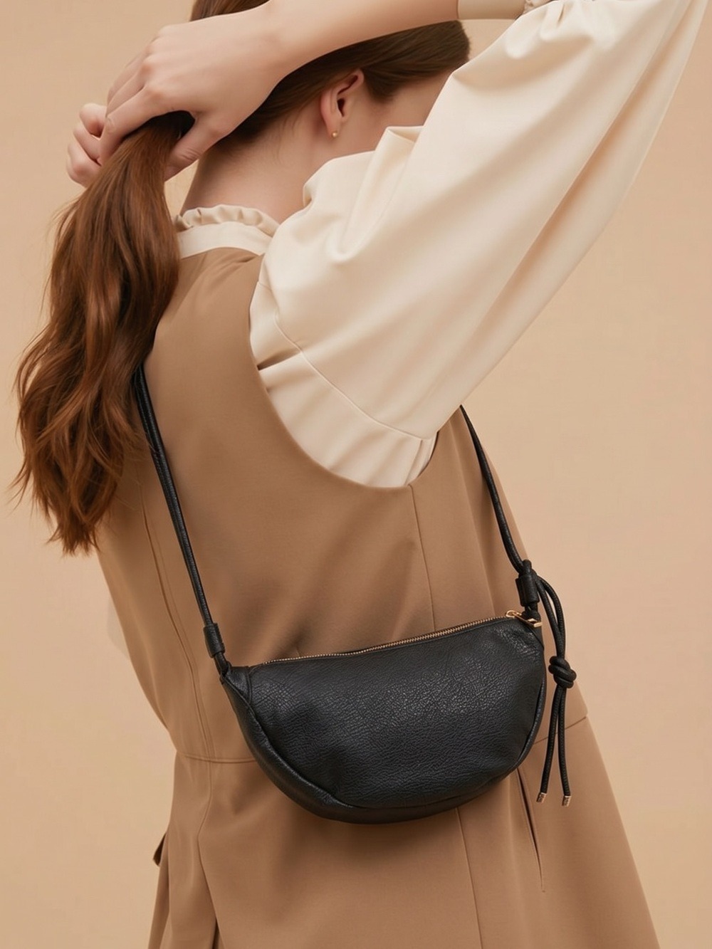 Minimalist Black Leather Crossbody with Knotted Strap
